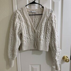 ZARA Women V Neck Pearl Knit Cardigan Sweater 5755/126, White, Size S